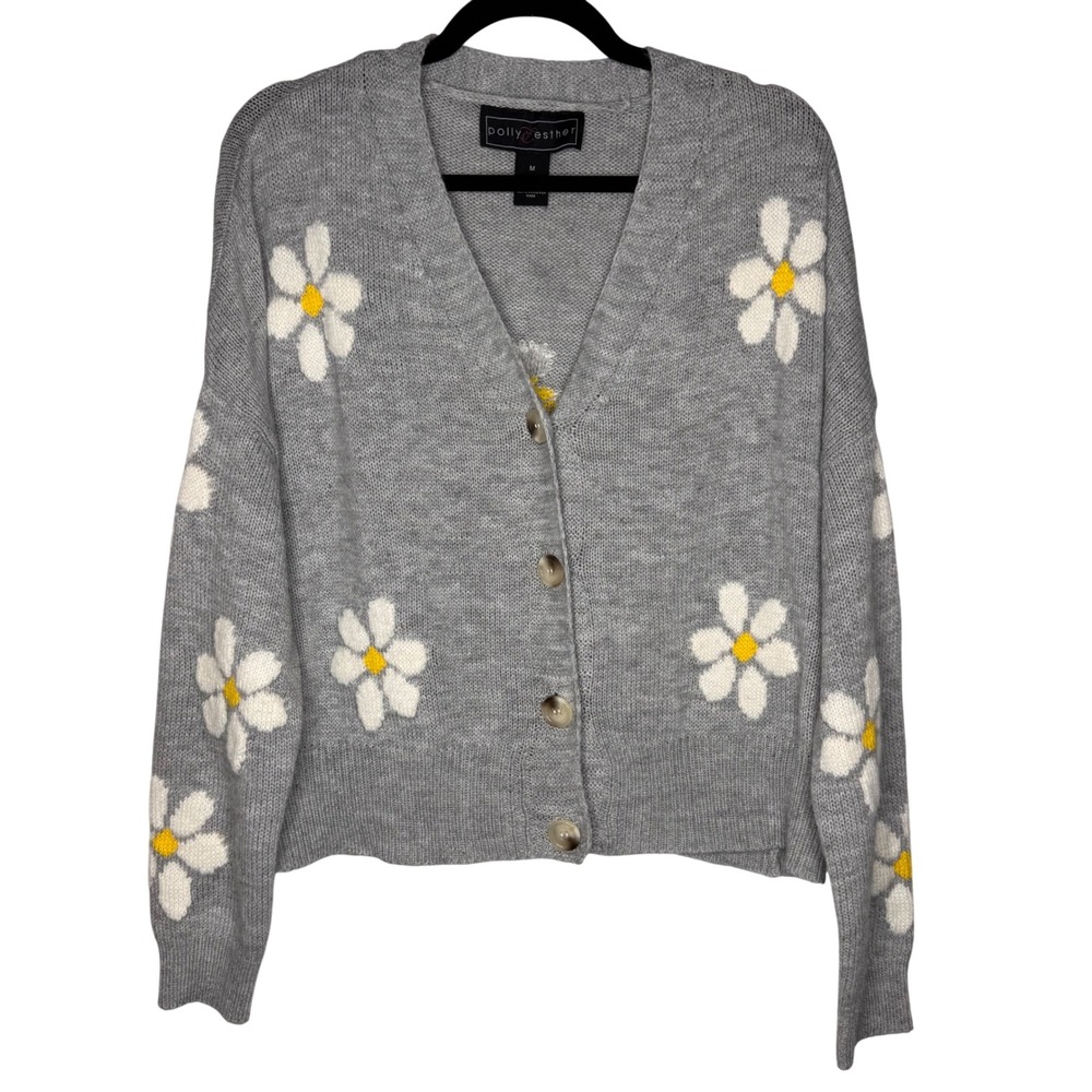Cottagecore Daisy Floral Grey Chunky Knit Oversized Cardigan Sweater Sz Medium